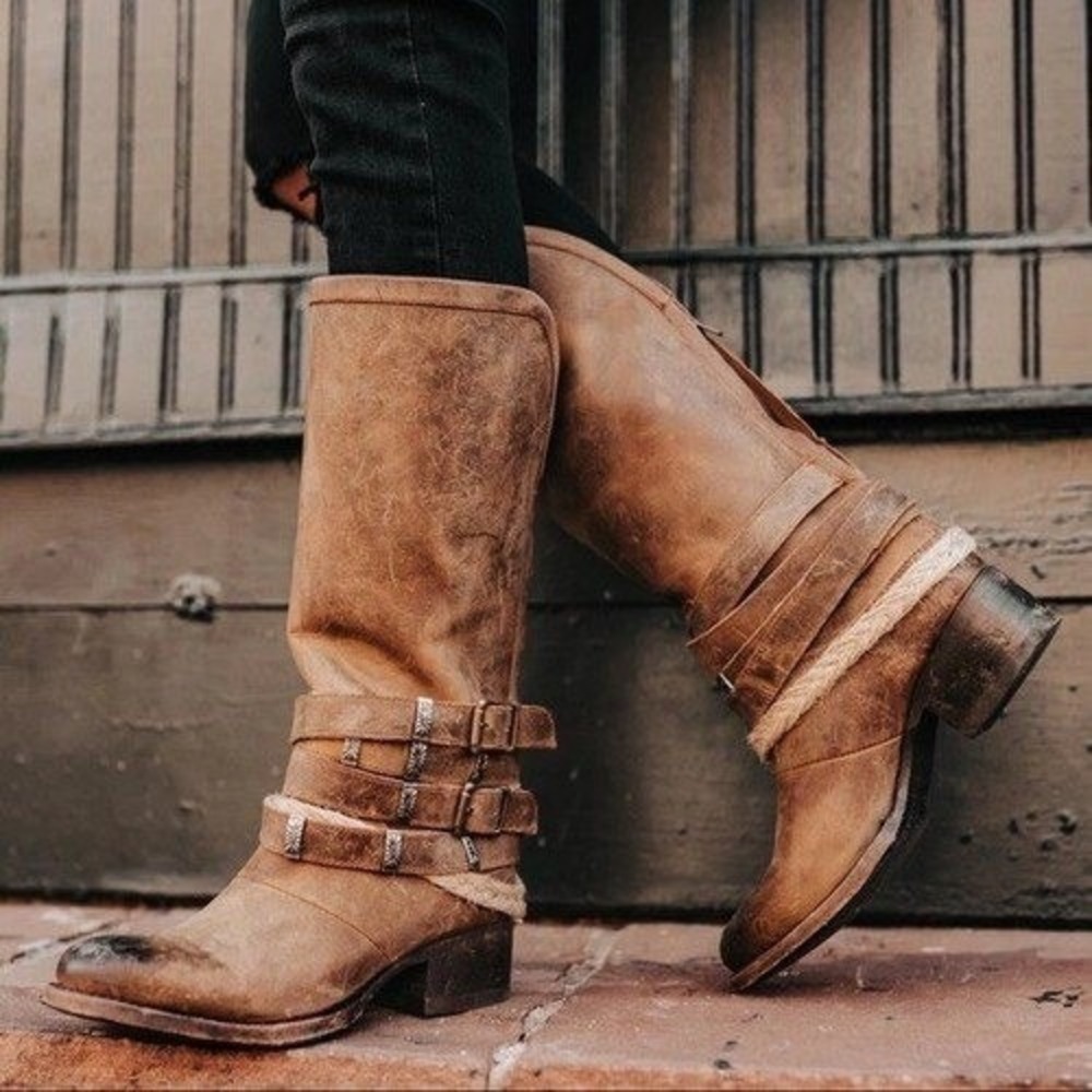Free People x Free Bird Drove Brown Leather Harness Boots Rope Buckle Womens 7
